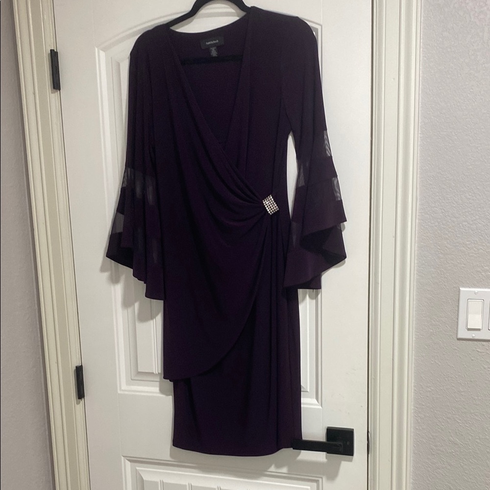 Purple Sheath Dress with Bell Sleeves and Cowl Neck